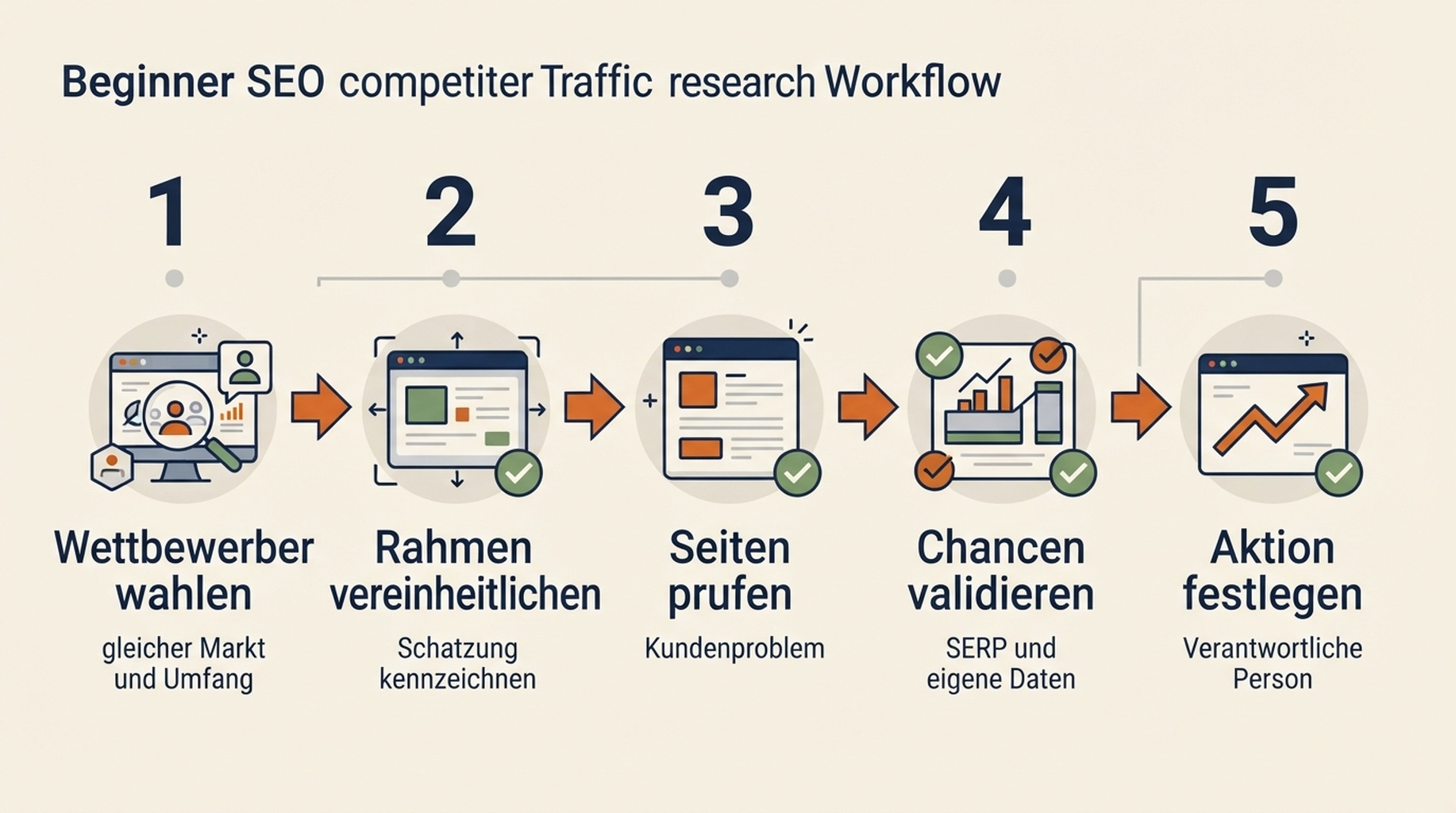 45-Minuten-Workflow von der Wettbewerberauswahl uber Schatzungen und Seitenprufung bis zur validierten Chance und priorisierten Aktion.