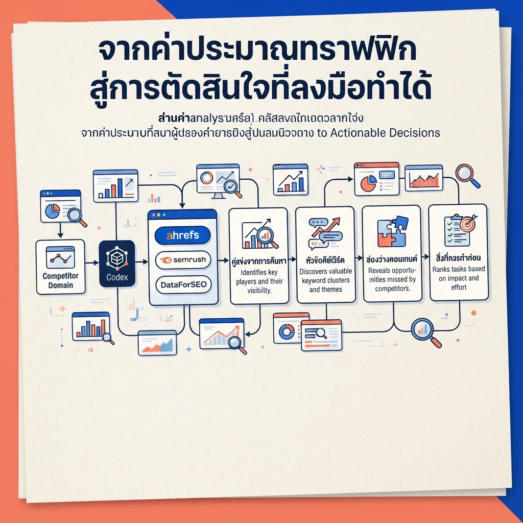 โดเมนคู่แข่งผ่าน Codex และ Ahrefs, Semrush หรือ DataForSEO เพื่อสร้างรายชื่อคู่แข่งออร์แกนิก หน้าที่เติบโต หัวข้อคีย์เวิร์ด ช่องว่างคอนเทนต์ และสิ่งที่ควรทำตามลำดับความสำคัญ