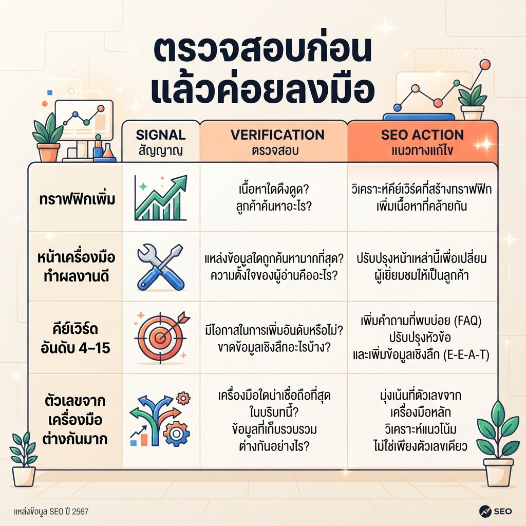 เมทริกซ์การตัดสินใจเปลี่ยนสัญญาณทราฟฟิกคู่แข่ง หน้าหลัก และคีย์เวิร์ดให้เป็นคำถามตรวจสอบและการลงมือทำด้าน SEO