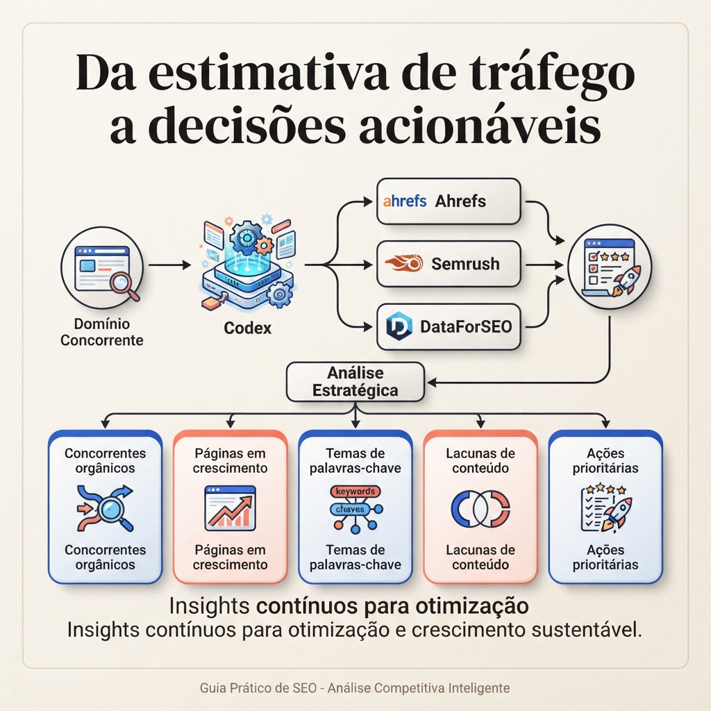 Um domínio concorrente passa pelo Codex e por Ahrefs, Semrush ou DataForSEO para gerar concorrentes orgânicos, páginas em crescimento, temas de palavras-chave, lacunas de conteúdo e ações priorizadas.