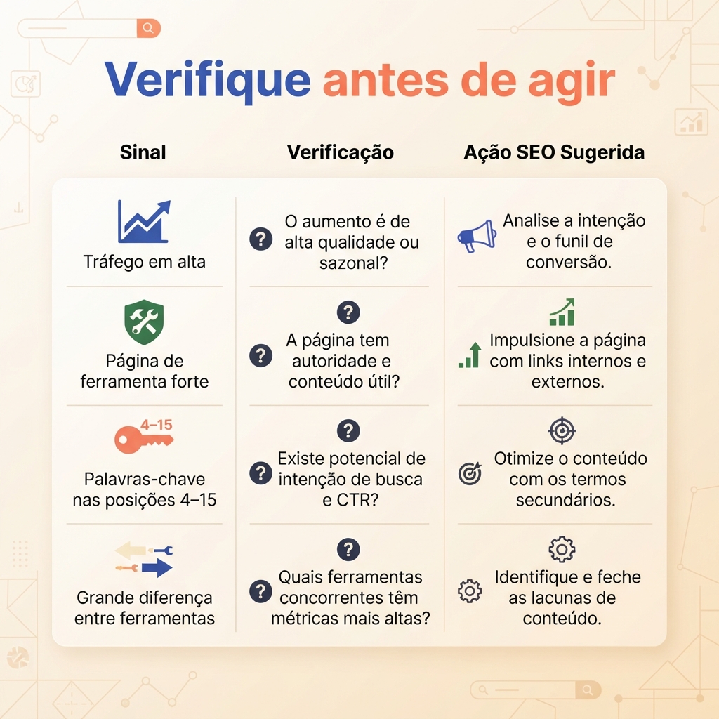 Uma matriz de decisão transforma sinais de tráfego de concorrentes, páginas principais e palavras-chave em perguntas de verificação e ações de SEO.