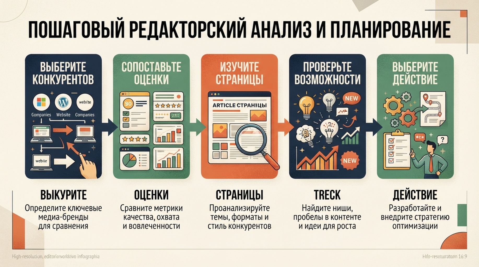 45-минутный процесс исследования конкурентов: выбор доменов, сопоставимые оценки, изучение страниц, проверка возможностей и одно приоритетное действие.