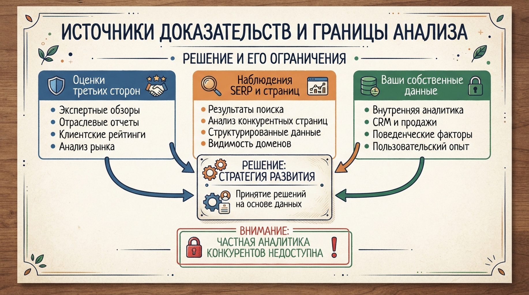 Схема, разделяющая сторонние оценки трафика, наблюдения за поисковой выдачей и страницами и собственные данные Search Console и аналитики.