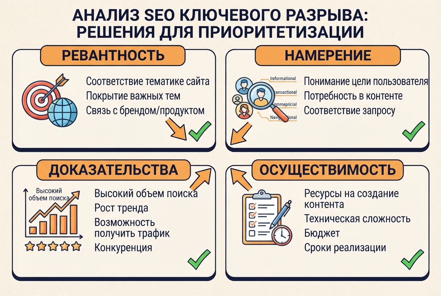 Карточка решения для фильтрации идей из пробелов в ключевых словах по релевантности, поисковому намерению, доказательству полезности и осуществимости.