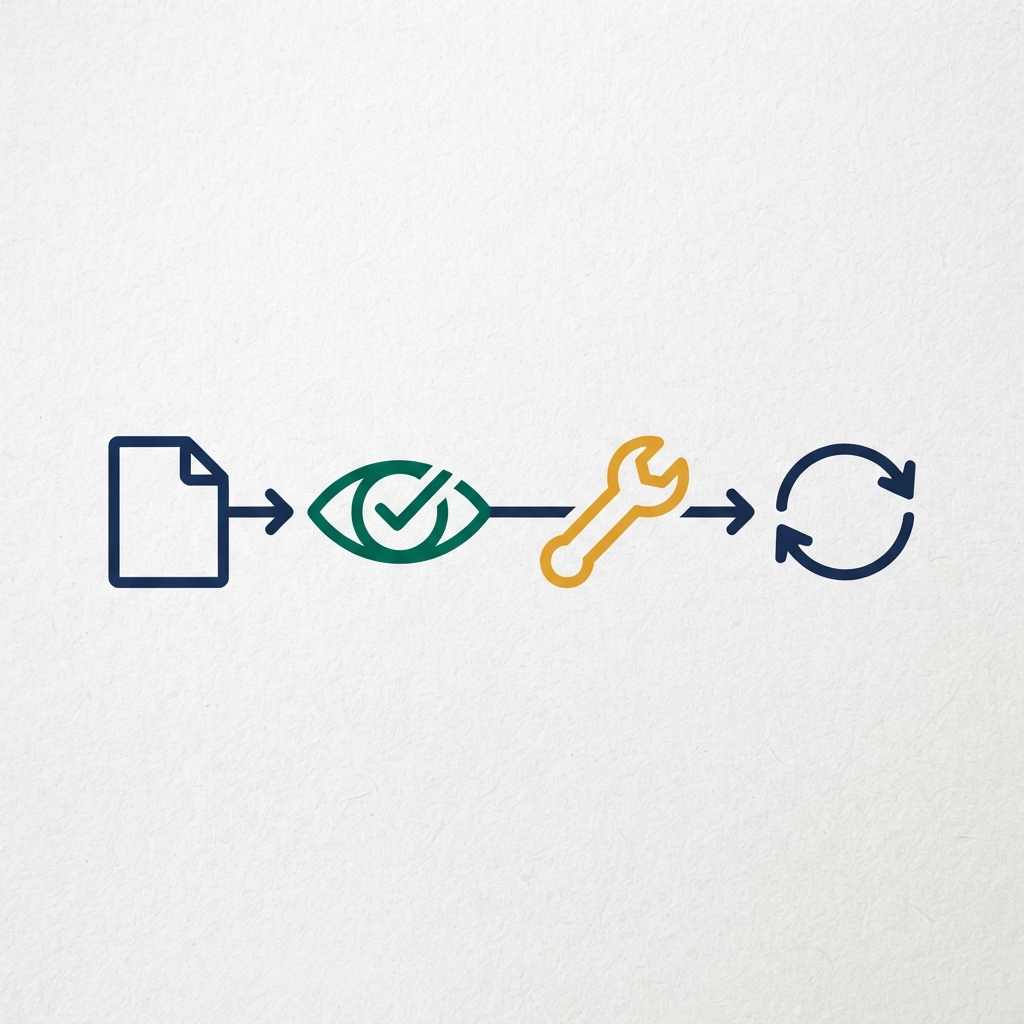 Flusso decisionale in quattro fasi: registrare l'evidenza della pagina, confermare nella pagina pubblica o annotare la mancata conferma, scegliere una correzione sicura e testare dopo la pubblicazione.