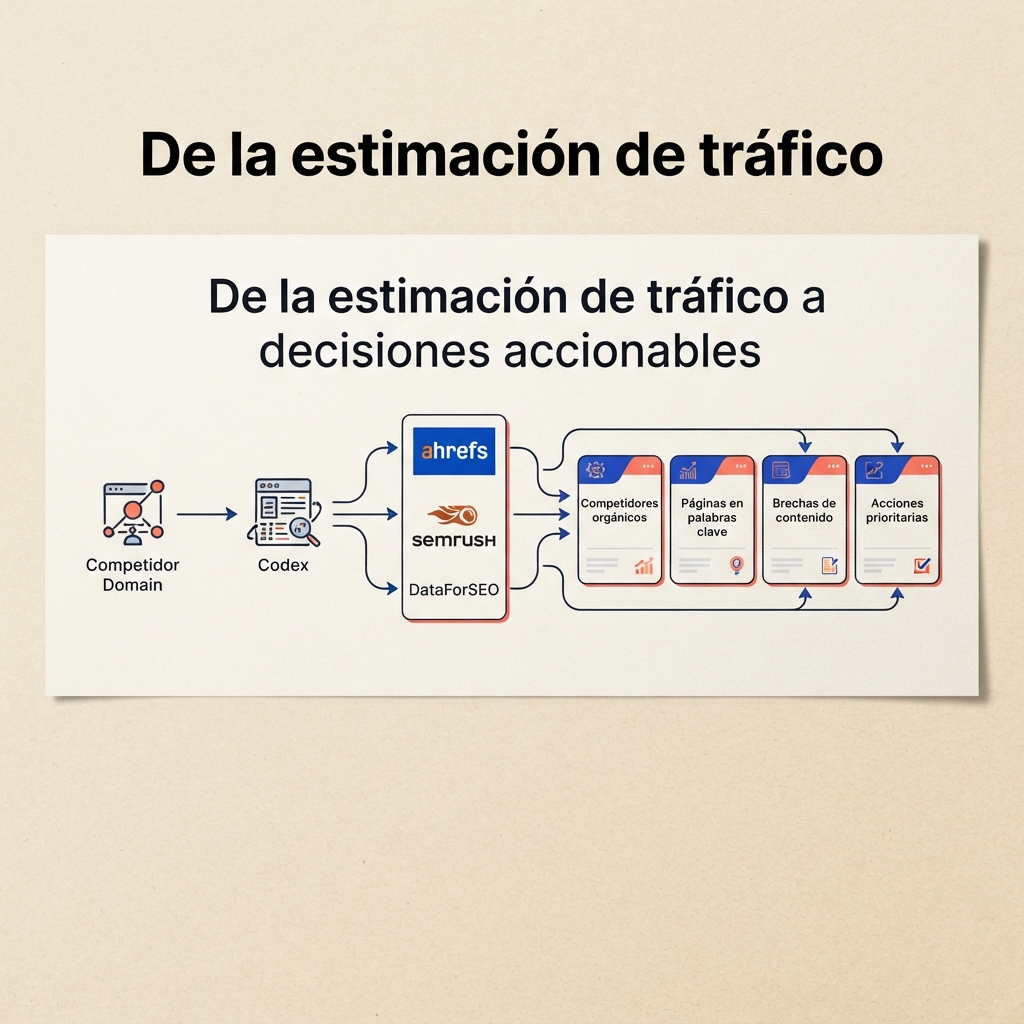 Un dominio de competidor pasa por Codex y Ahrefs, Semrush o DataForSEO para producir competidores orgánicos, páginas de crecimiento, temas de palabras clave, brechas de contenido y acciones priorizadas.