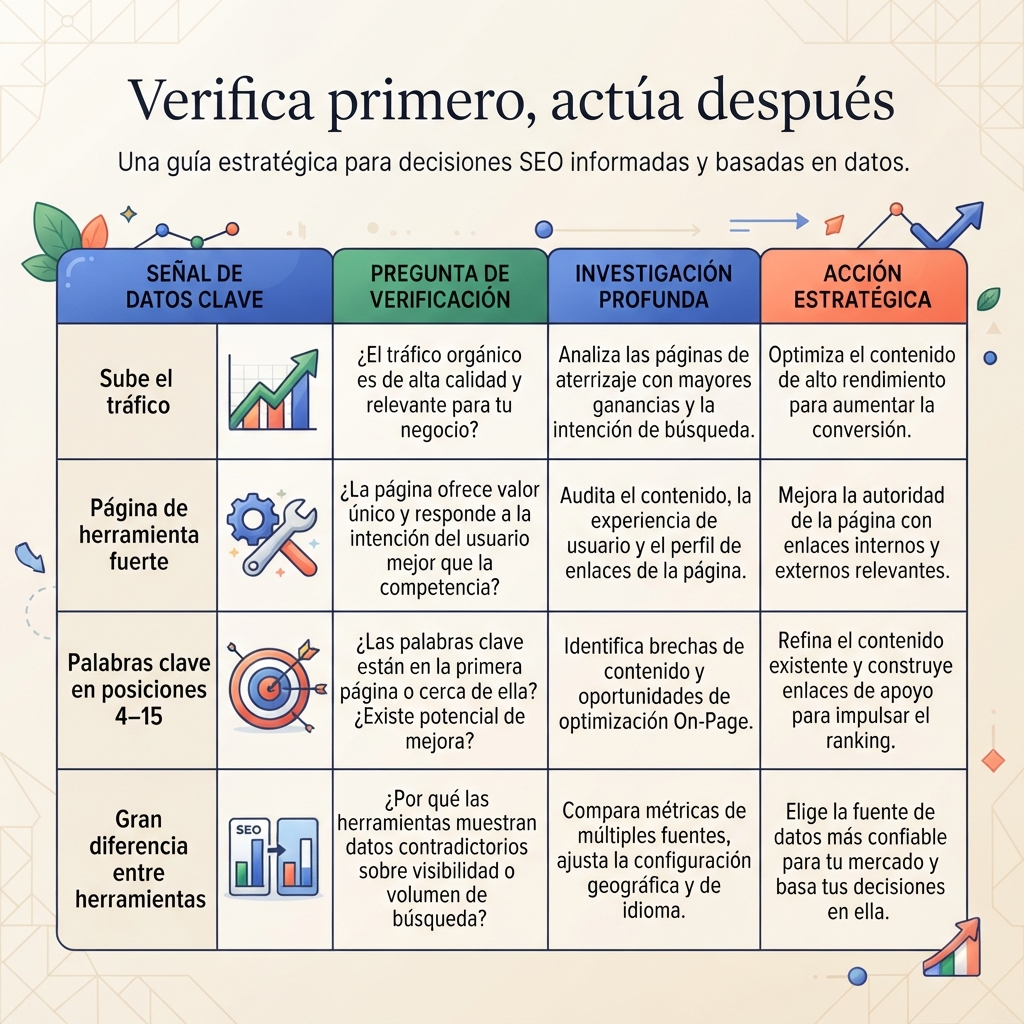 Una matriz de decisión convierte señales de tráfico de competidor, páginas principales y palabras clave en preguntas de verificación y acciones SEO.