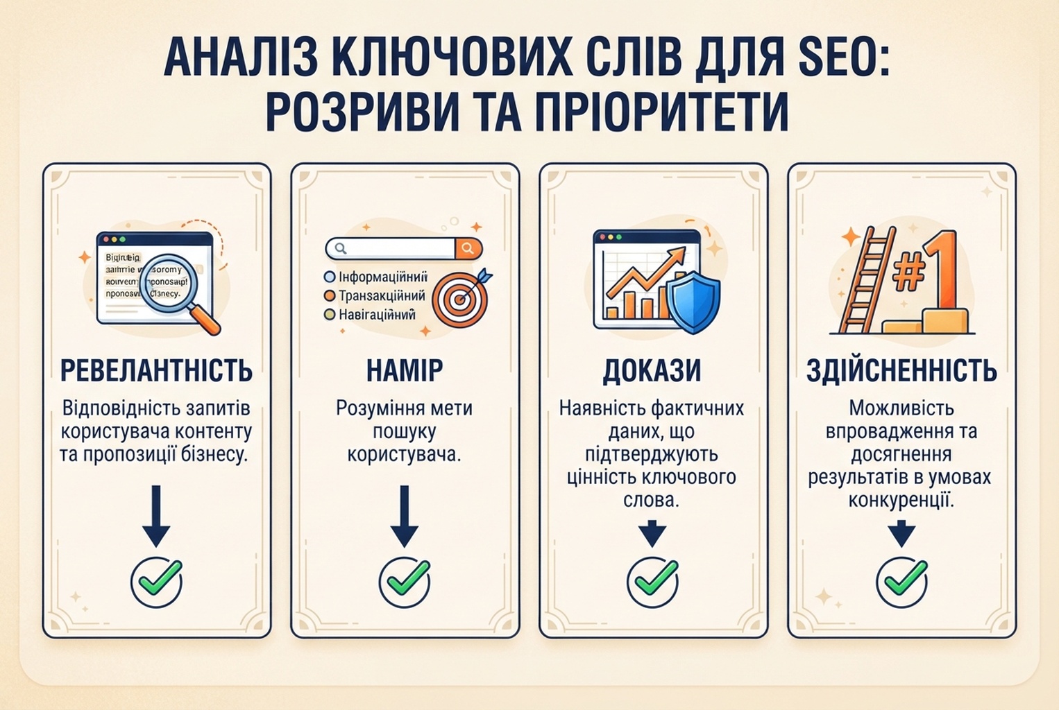 Картка рішення, що відсіює ідеї з прогалин ключових слів за релевантністю, пошуковим наміром, доказом корисності та здійсненністю.