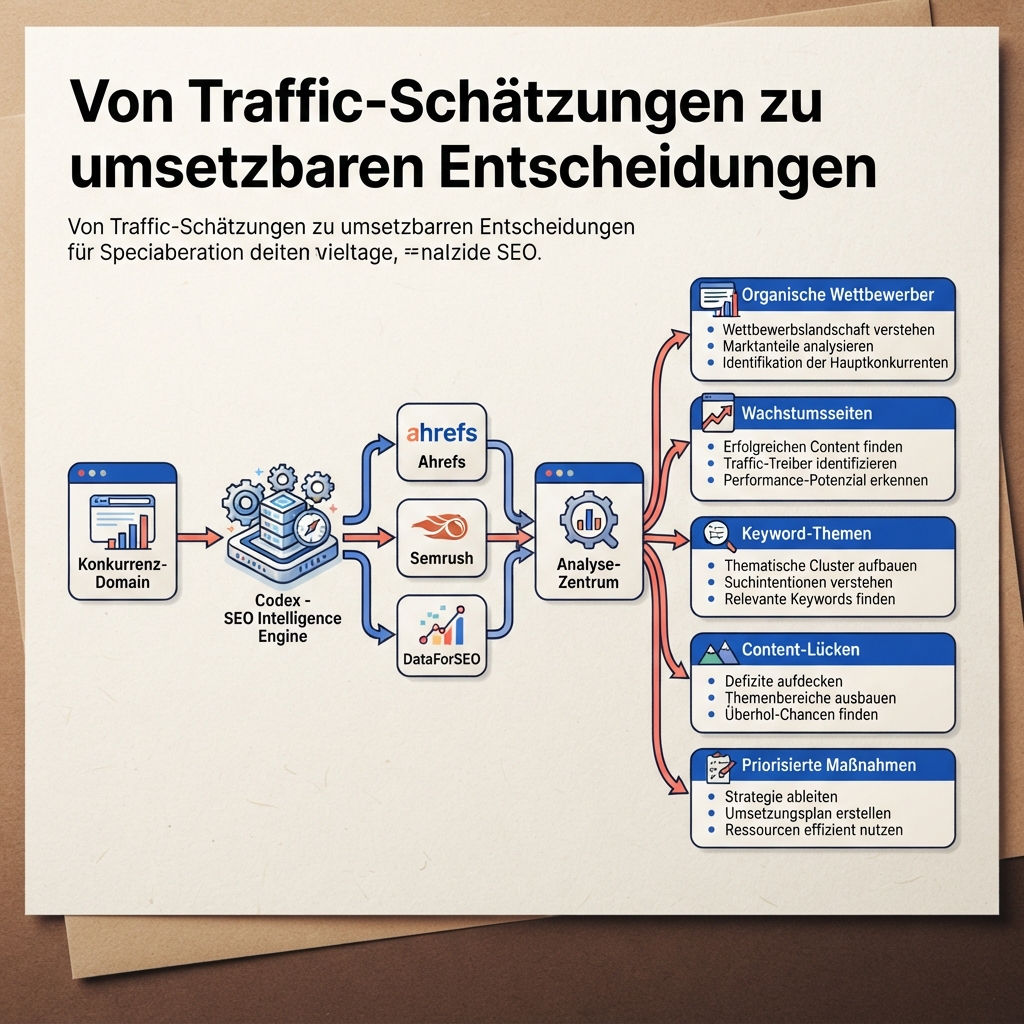 Eine Wettbewerber-Domain durchläuft Codex und Ahrefs, Semrush oder DataForSEO und führt zu organischen Wettbewerbern, Wachstumsseiten, Keyword-Themen, Content-Lücken und priorisierten Maßnahmen.