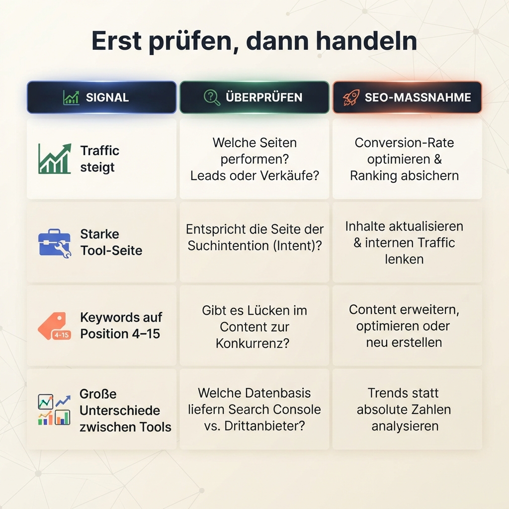 Eine Entscheidungsmatrix wandelt Wettbewerber-Traffic, Top-Seiten und Keyword-Signale in Prüfungsfragen und SEO-Maßnahmen um.