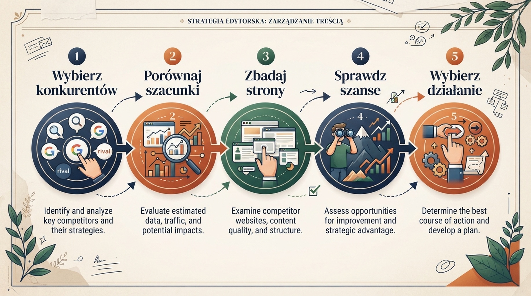 45-minutowy proces badania konkurencji: wybór domen, porównanie szacunków, analiza stron, walidacja okazji i priorytetowe działanie.