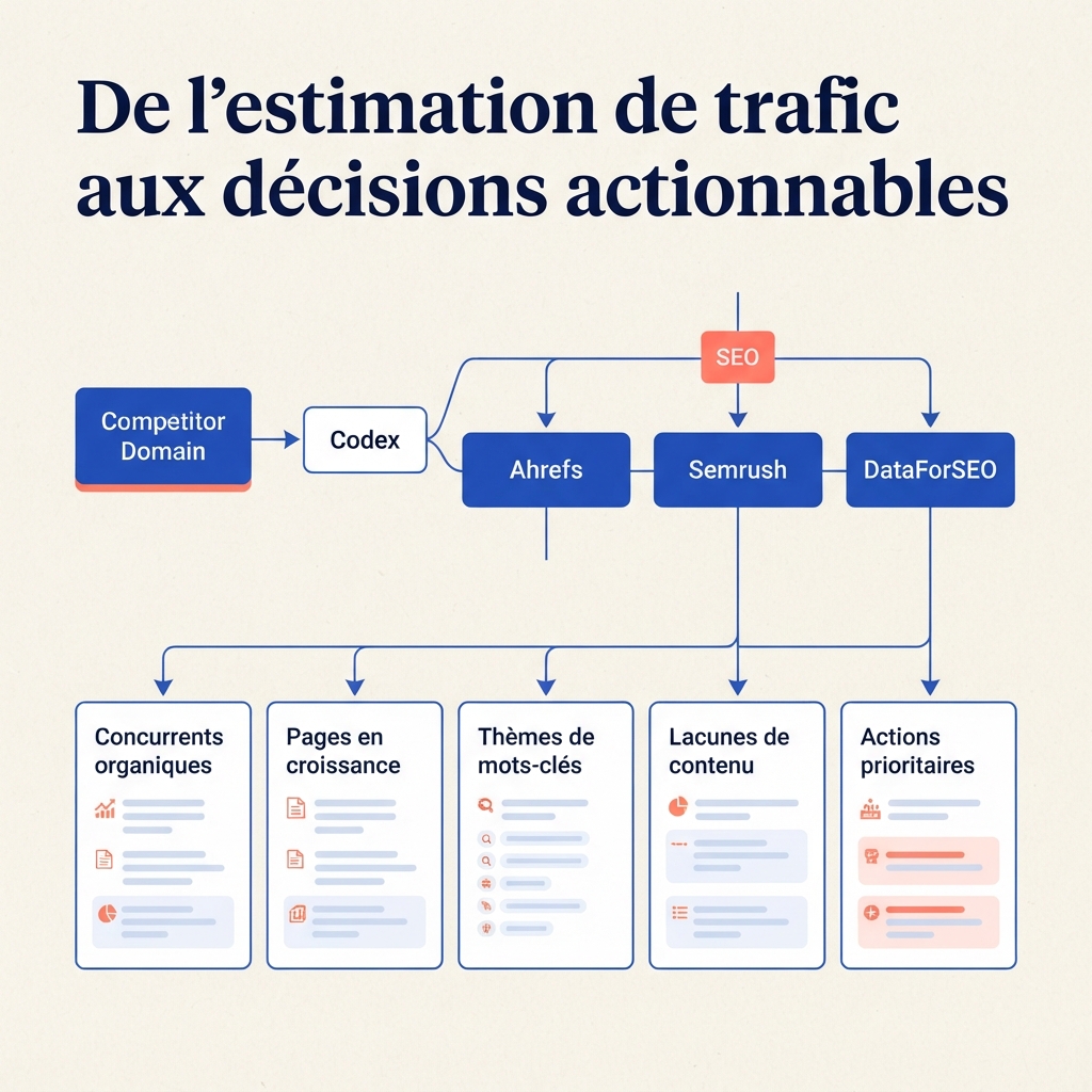 Un domaine concurrent passe par Codex et Ahrefs, Semrush ou DataForSEO pour produire des concurrents organiques, des pages en croissance, des thèmes de mots-clés, des lacunes de contenu et des actions prioritaires.