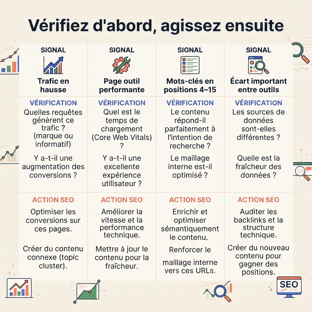 Une matrice de décision transforme les signaux de trafic concurrentiel, de pages principales et de mots-clés en questions de vérification et actions SEO.