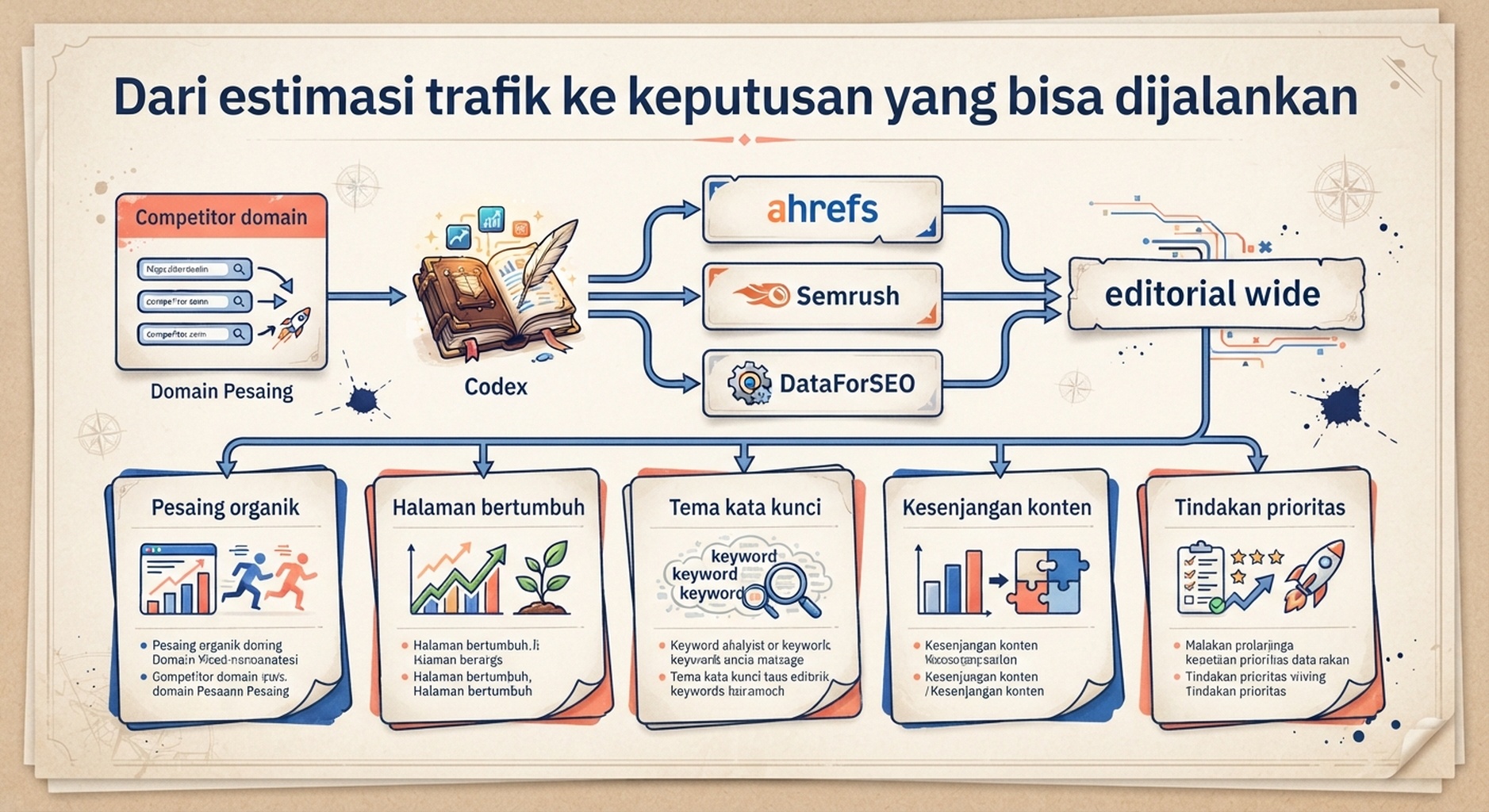 Domain pesaing melalui Codex dan Ahrefs, Semrush, atau DataForSEO untuk menghasilkan pesaing organik, halaman bertumbuh, tema kata kunci, kesenjangan konten, dan tindakan prioritas.