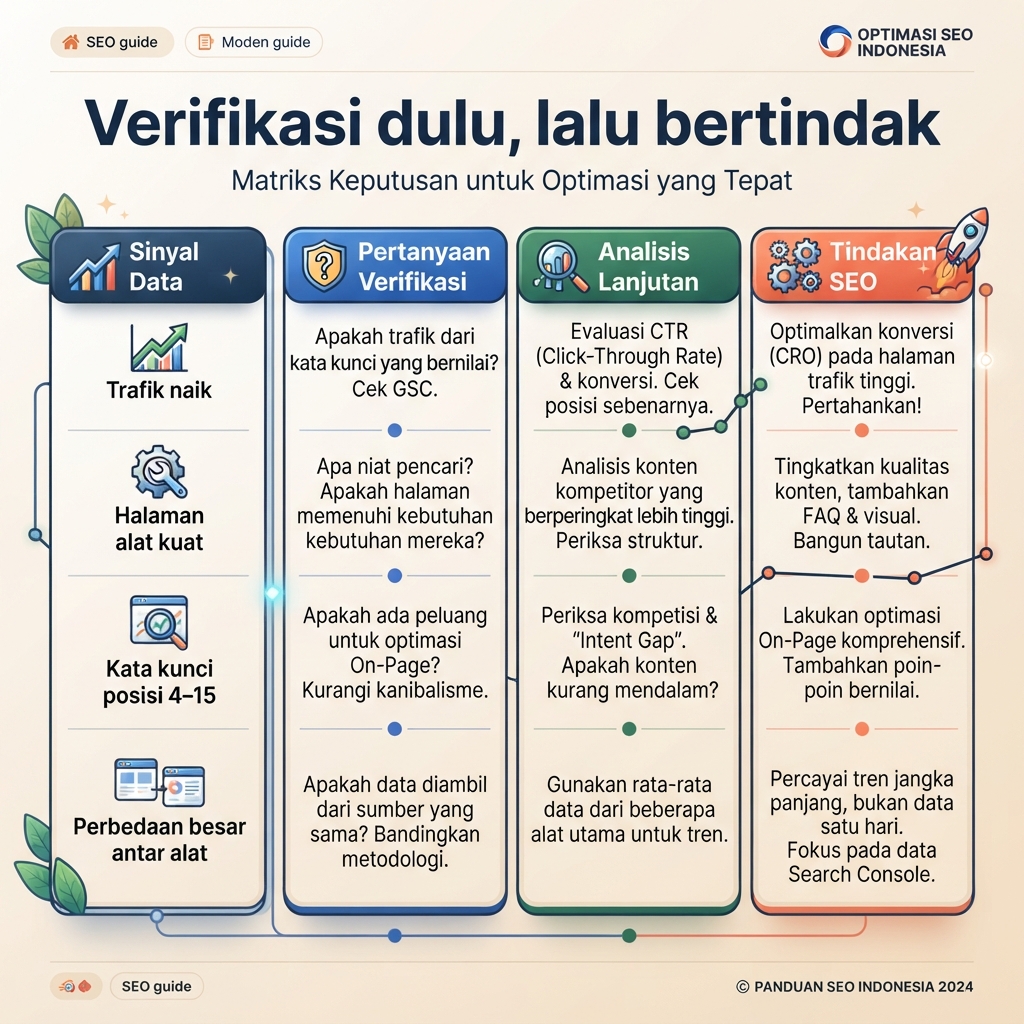 Matriks keputusan mengubah sinyal trafik pesaing, halaman teratas, dan kata kunci menjadi pertanyaan verifikasi serta tindakan SEO.