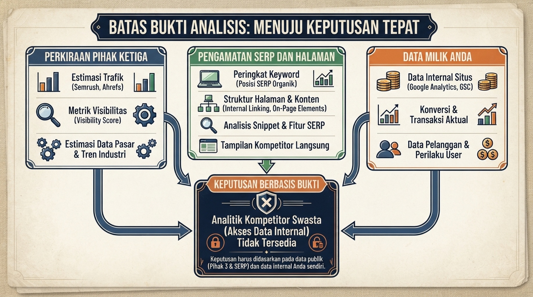 Diagram yang memisahkan perkiraan trafik pihak ketiga, pengamatan pencarian dan halaman langsung, serta data pihak pertama Search Console dan analitik.
