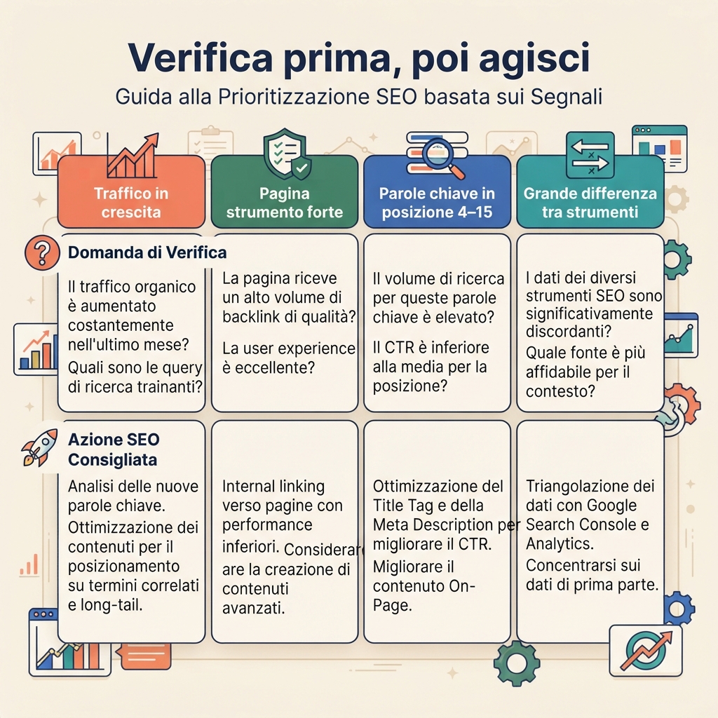 Una matrice decisionale trasforma segnali di traffico dei concorrenti, pagine principali e keyword in domande di verifica e azioni SEO.
