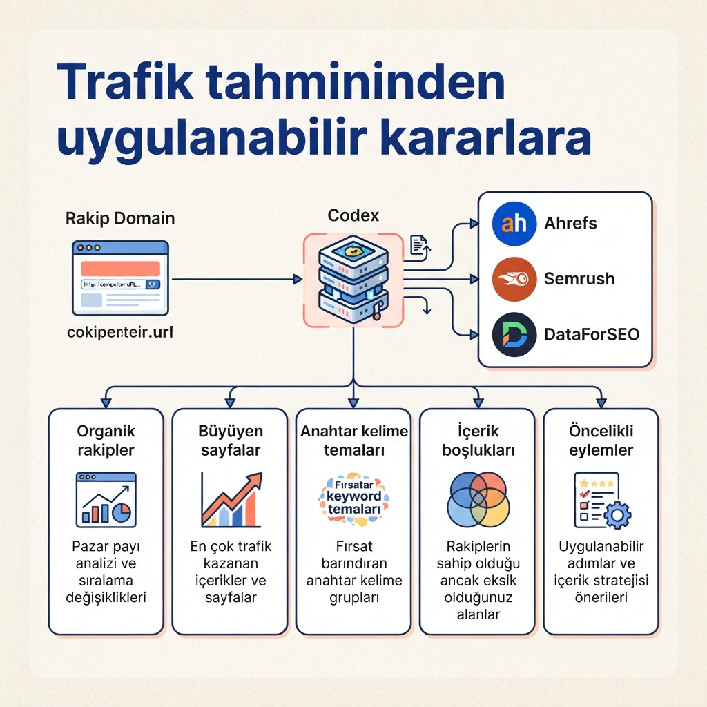 Bir rakip alan adı Codex ile Ahrefs, Semrush veya DataForSEO üzerinden organik rakiplere, büyüme sayfalarına, anahtar kelime temalarına, içerik açıklarına ve öncelikli aksiyonlara dönüşür.