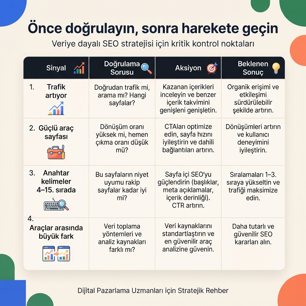 Rakip trafik, en iyi sayfa ve anahtar kelime sinyallerini doğrulama sorularına ve SEO aksiyonlarına dönüştüren karar matrisi.
