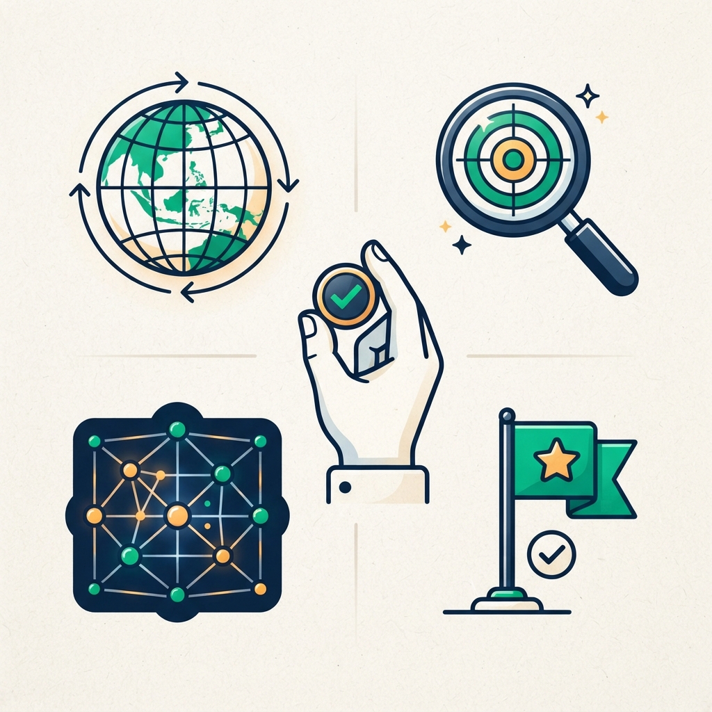 Ilustrasi persiapan audit on-page SEO dengan simbol URL publik, target pencarian, gagasan terkait, dan intent halaman.