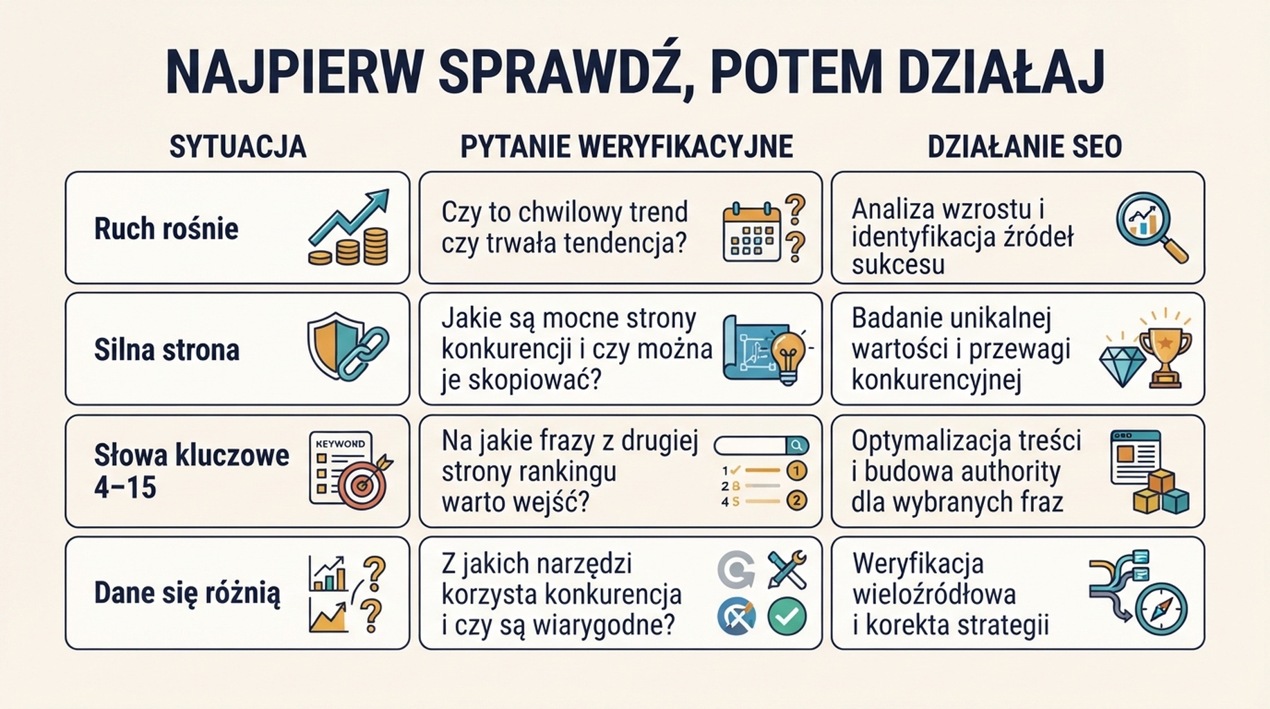 Macierz decyzyjna zamienia sygnały o ruchu konkurencji, najlepszych stronach i słowach kluczowych w pytania weryfikacyjne oraz działania SEO.