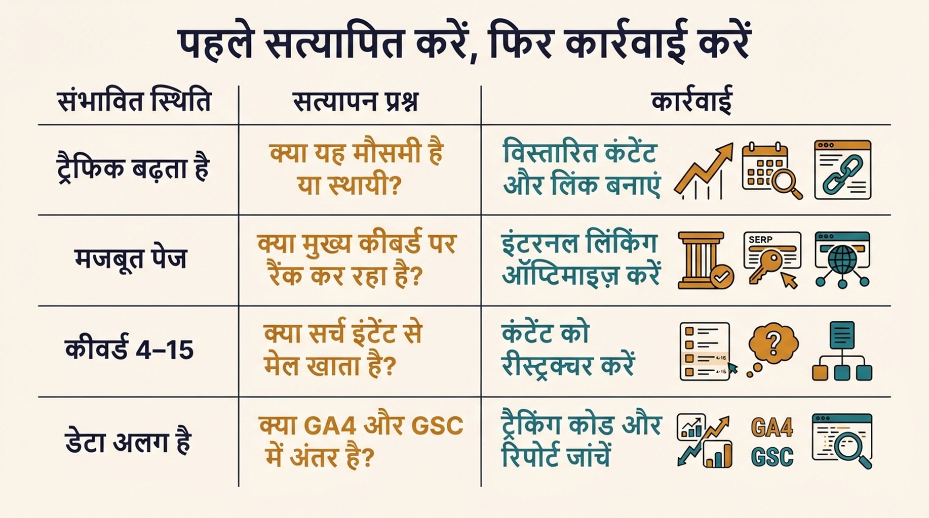 निर्णय मैट्रिक्स प्रतिस्पर्धी ट्रैफिक, शीर्ष पेज और कीवर्ड संकेतों को सत्यापन प्रश्नों और SEO कार्यों में बदलती है।