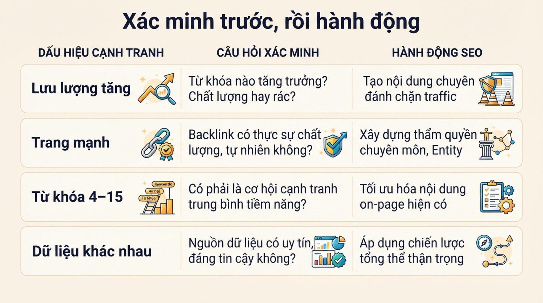 Ma trận quyết định biến tín hiệu lưu lượng đối thủ, trang hàng đầu và từ khóa thành câu hỏi xác minh và hành động SEO.