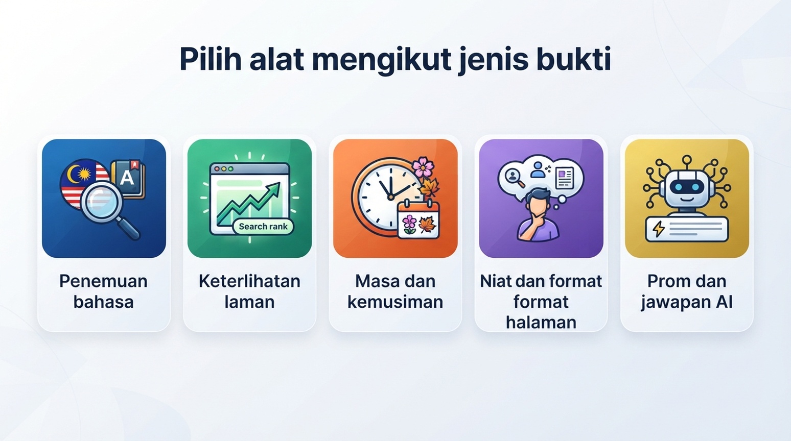 Peta pemilihan bukti untuk alat kajian kata kunci percuma dan kajian prompt GEO.