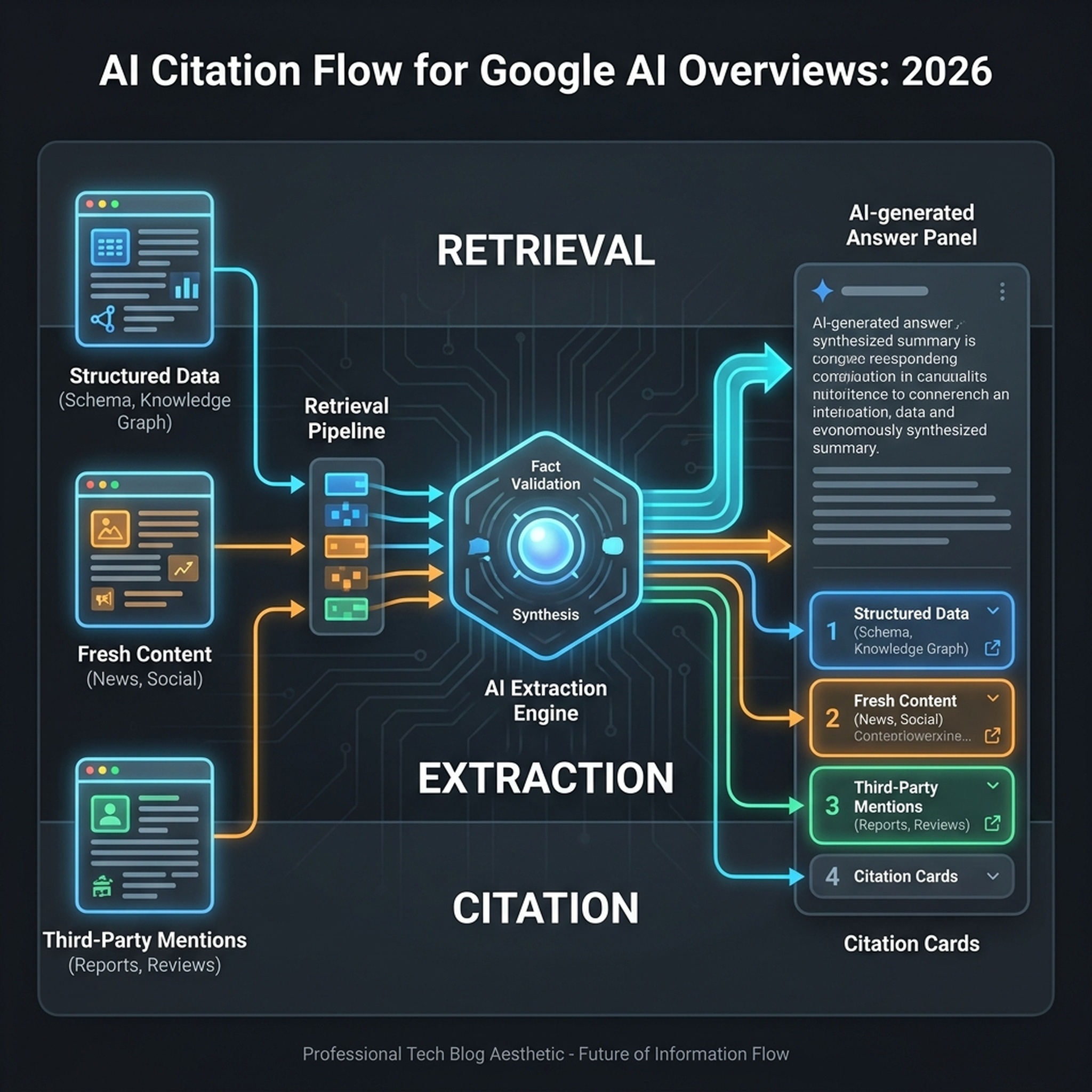 AI citation flow diagram showing how content moves through retrieval, extraction, and citation stages in Google AI Overviews