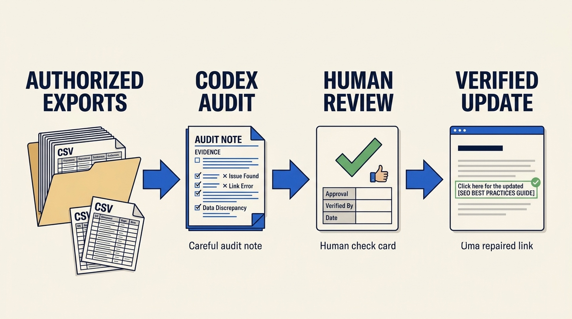 Four-stage workflow from authorized exports through a Codex audit and human review to a verified website update