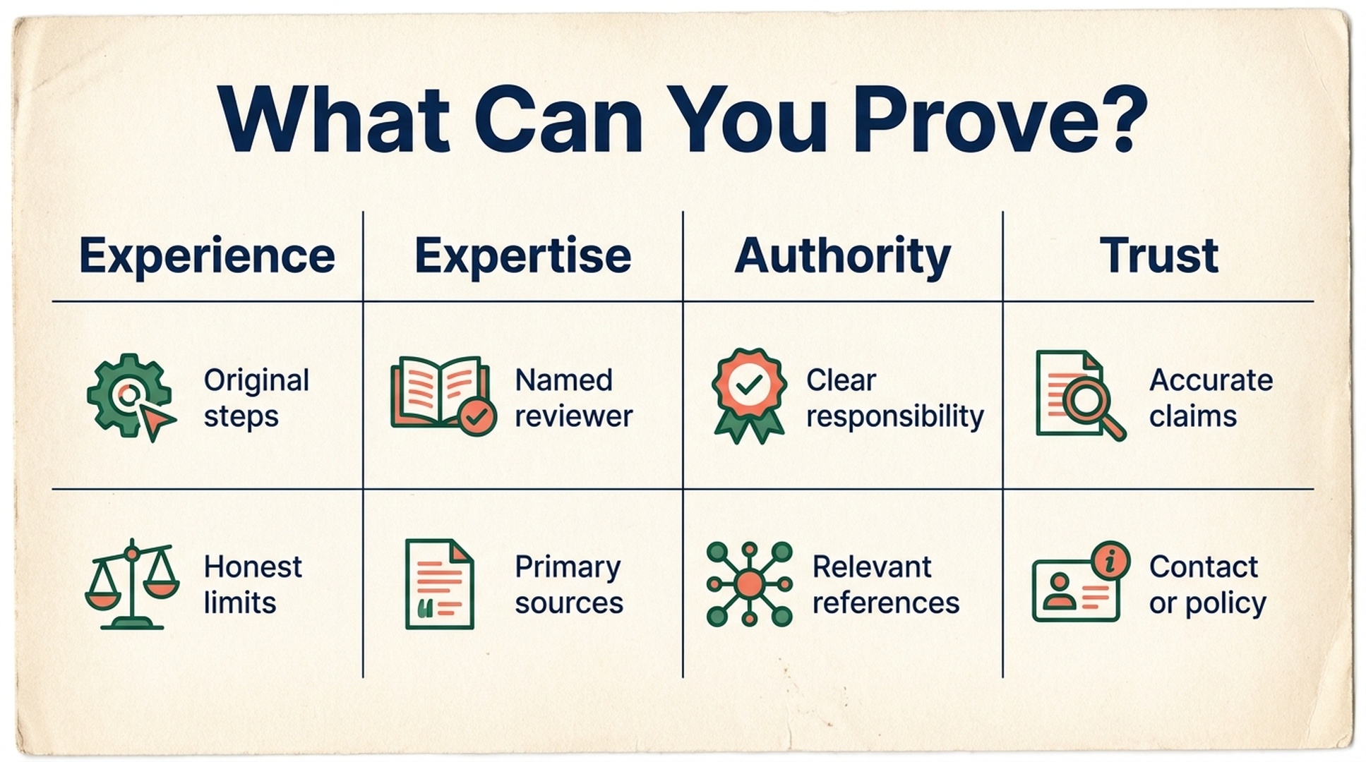 Four-column E-E-A-T evidence matrix showing original steps, named reviewers, relevant references, and accurate claims.