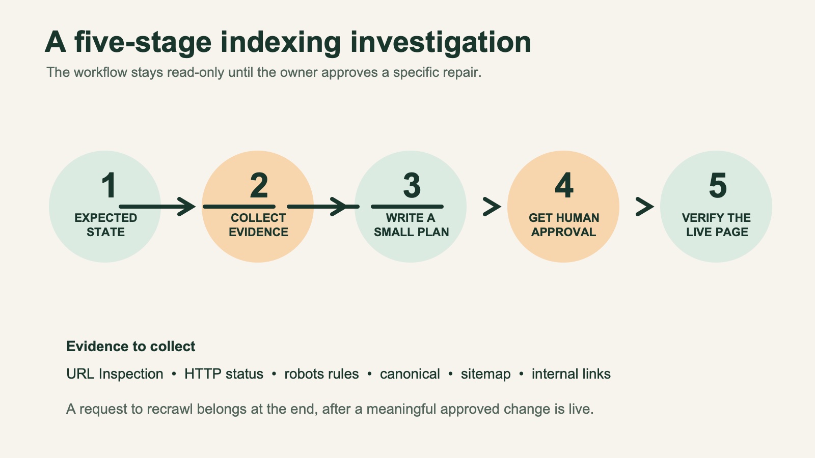 Five-stage Google indexing investigation that remains read-only until a site owner approves a repair.
