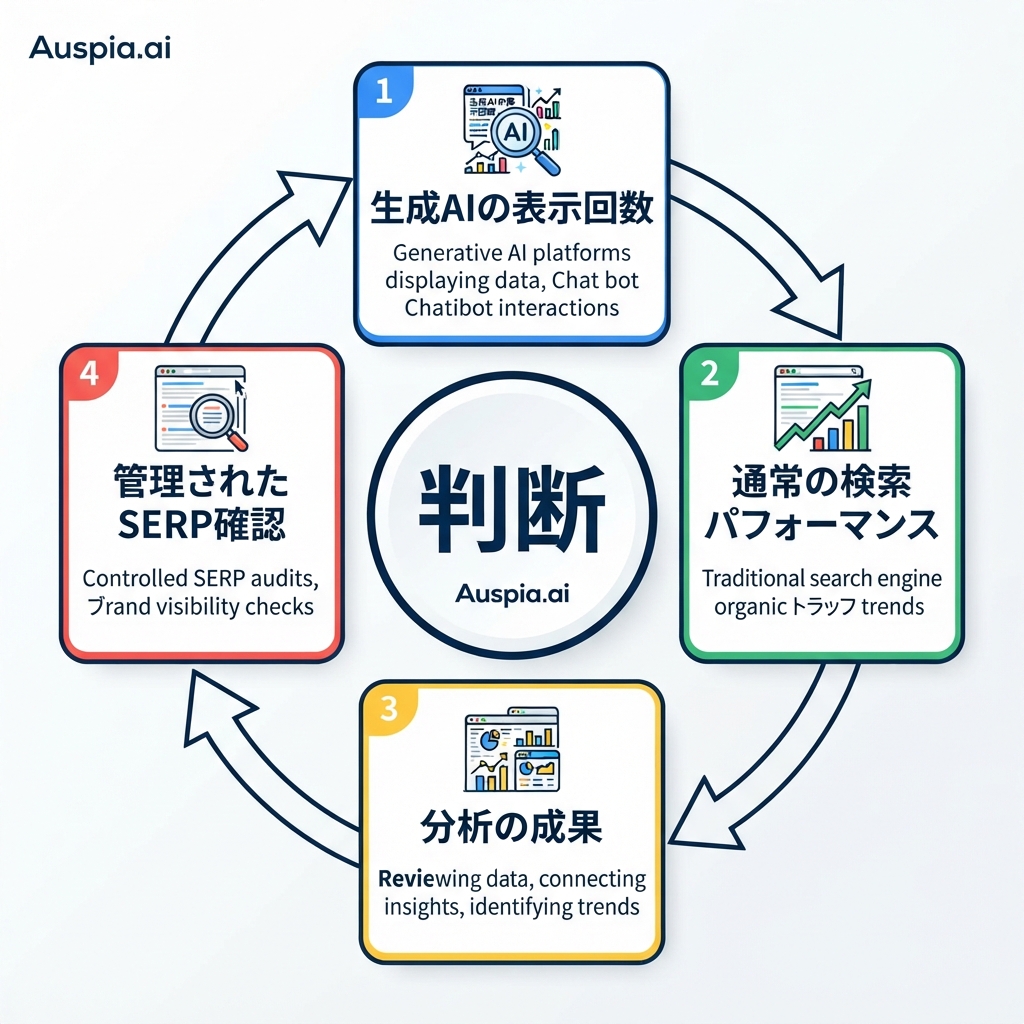 生成 AI 表示回数、通常検索パフォーマンス、分析成果、管理された SERP 確認を組み合わせる四つの情報源による測定ループ