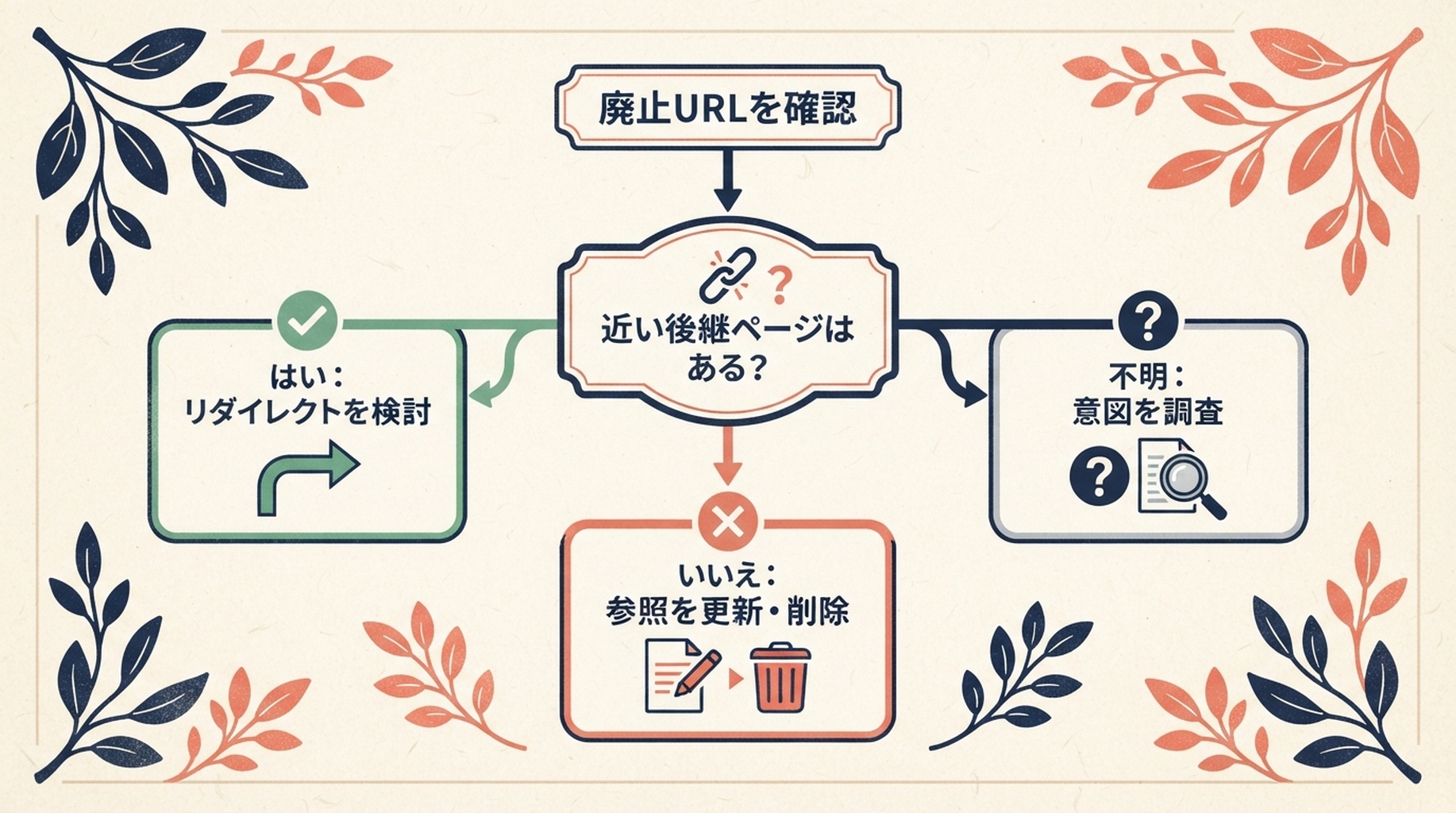 廃止済みURLの判断マップ。近い後継ページがある場合だけリダイレクトを検討し、それ以外は参照の更新・削除または意図の調査を行う