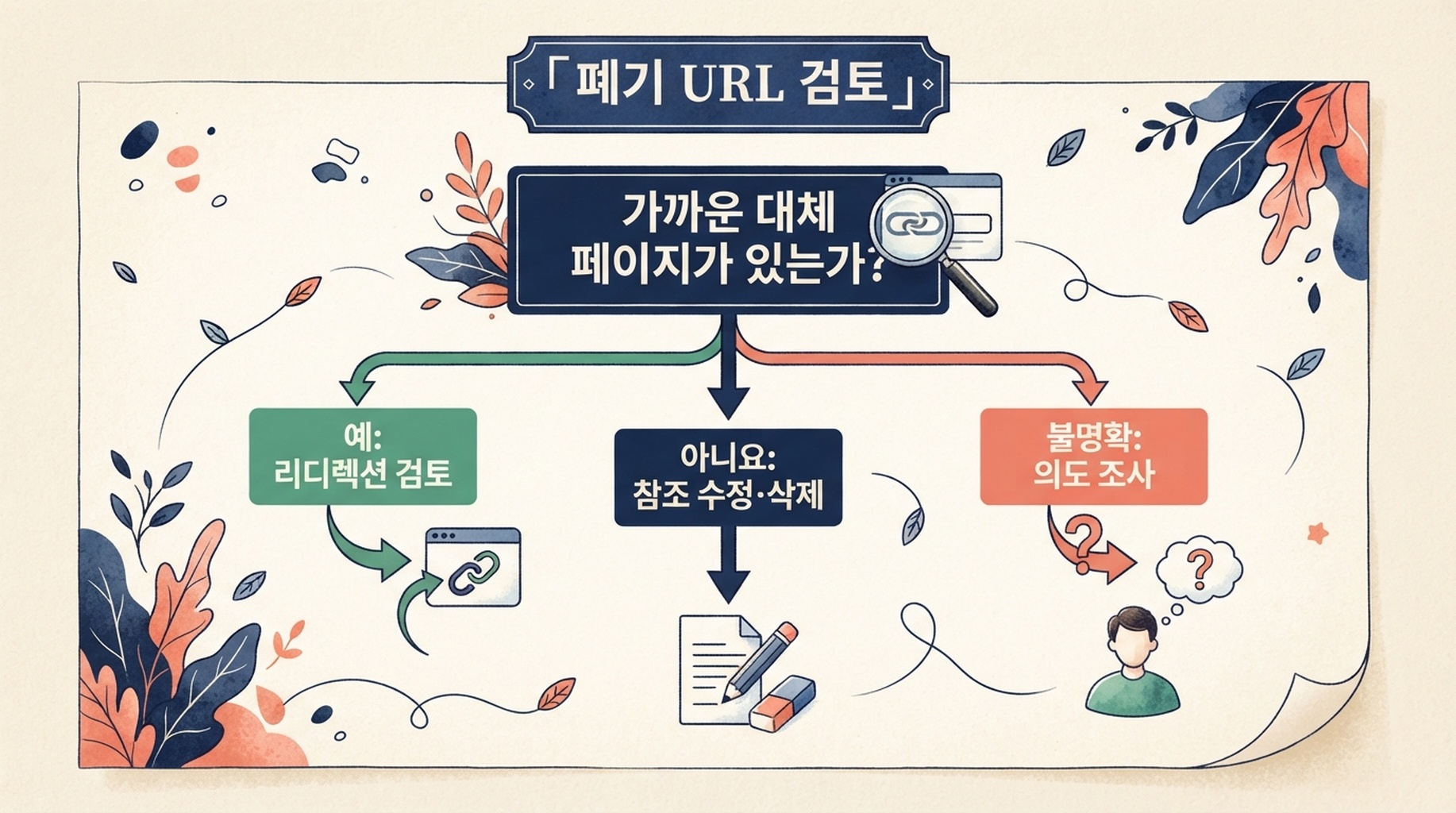 폐기된 URL의 판단 지도. 가까운 대체 페이지가 있을 때만 리디렉션을 검토하고, 없으면 참조를 수정·제거하거나 의도를 조사한다