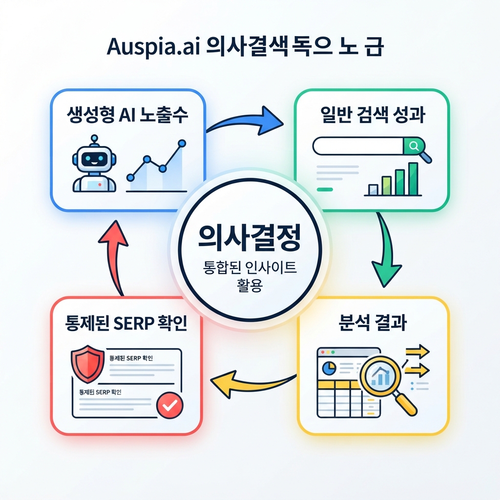 생성형 AI 노출수, 일반 검색 성과, 분석 결과, 통제된 SERP 확인을 결합하는 네 가지 정보원 측정 루프