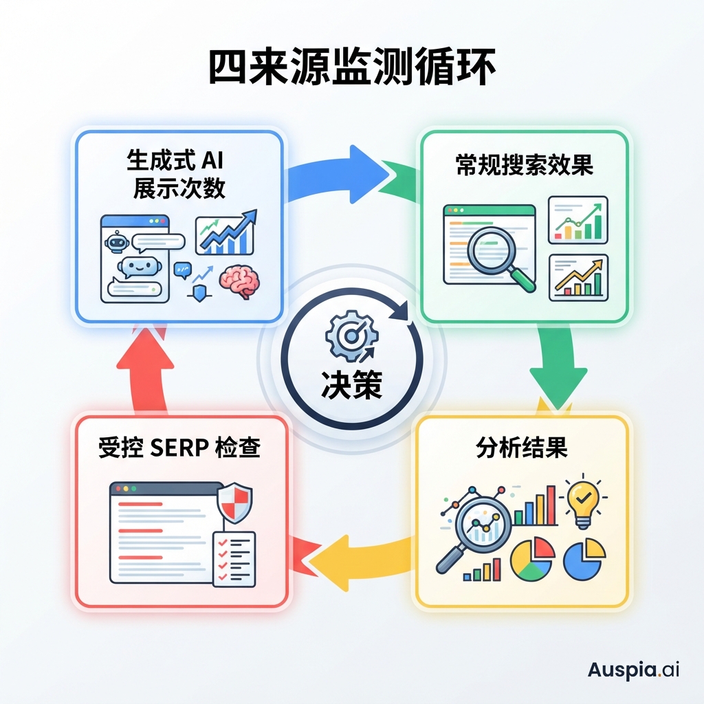 把生成式 AI 展示、常规搜索效果、分析结果和受控 SERP 检查结合起来的四源测量循环