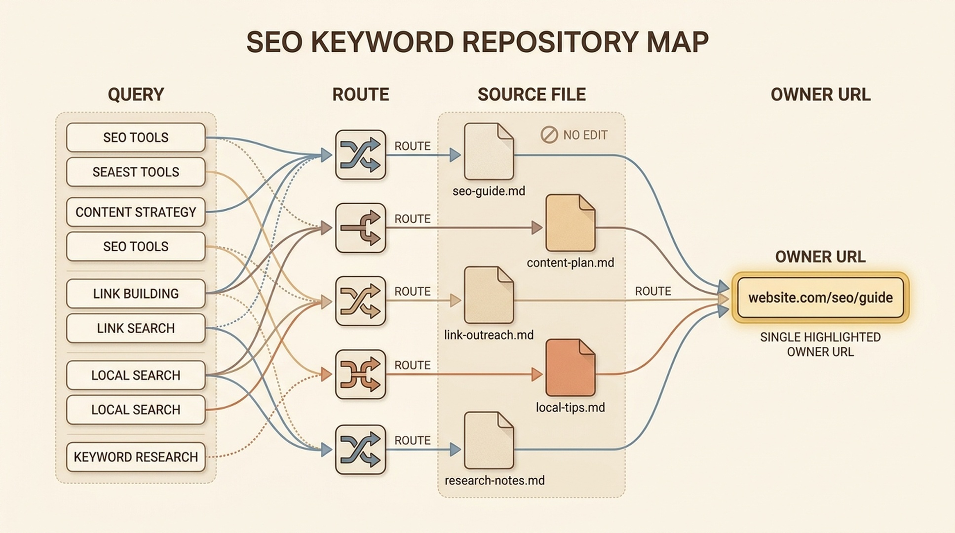 Claude Code repository map connecting keyword evidence to existing routes, source files, and one approved owner URL.