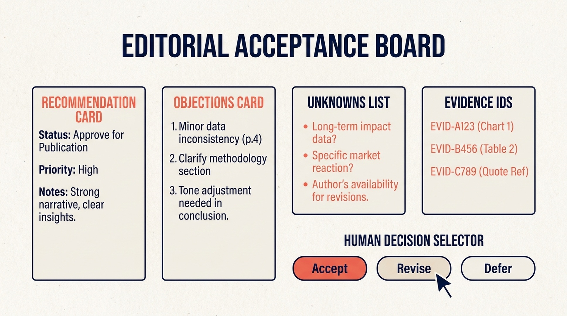 Workbubby acceptance board with recommendation, objections, unresolved evidence, and a named human decision.