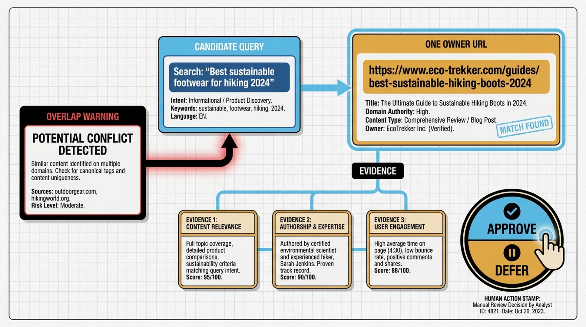 Google Antigravity page-ownership artifact connecting a candidate query to a single owner URL, supporting evidence, overlap risk, and approve-or-defer choice.