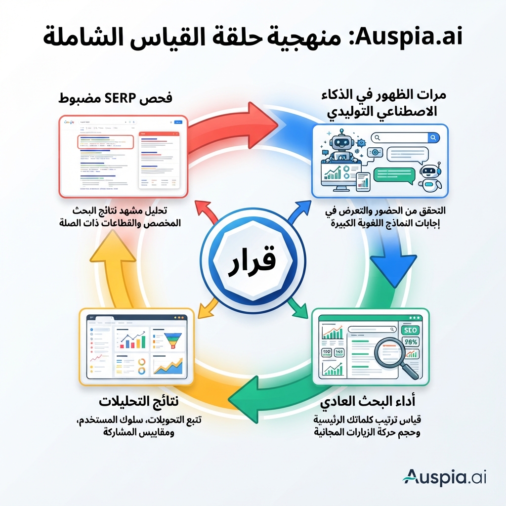 حلقة قياس من أربعة مصادر تجمع مرات ظهور الذكاء الاصطناعي التوليدي وأداء البحث العادي ونتائج التحليلات وفحص SERP مضبوط