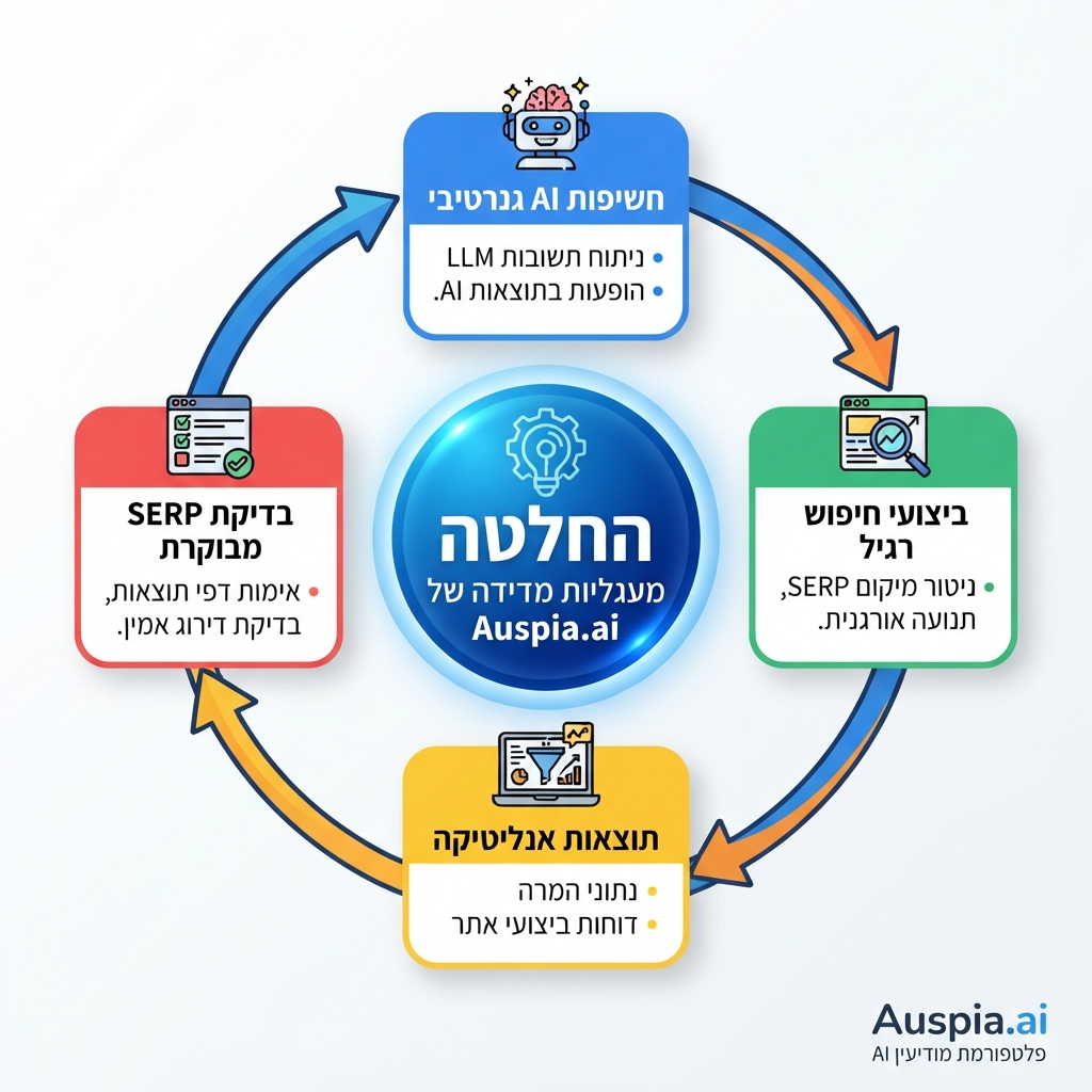 לולאת מדידה מארבעה מקורות המשלבת חשיפות AI גנרטיבי, ביצועי חיפוש רגיל, תוצאות אנליטיקה ובדיקת SERP מבוקרת