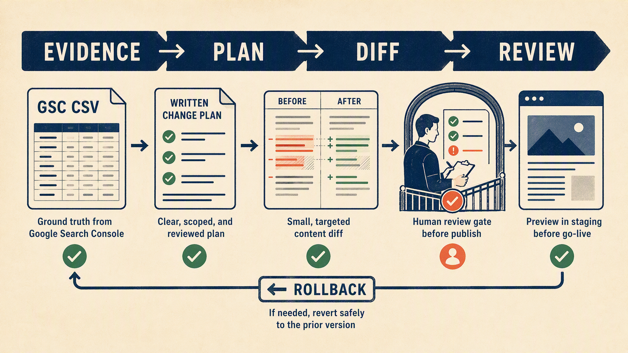 Claude Code SEO workflow from a GSC evidence file through a reviewed plan, small content diff, preview, and rollback checkpoint.