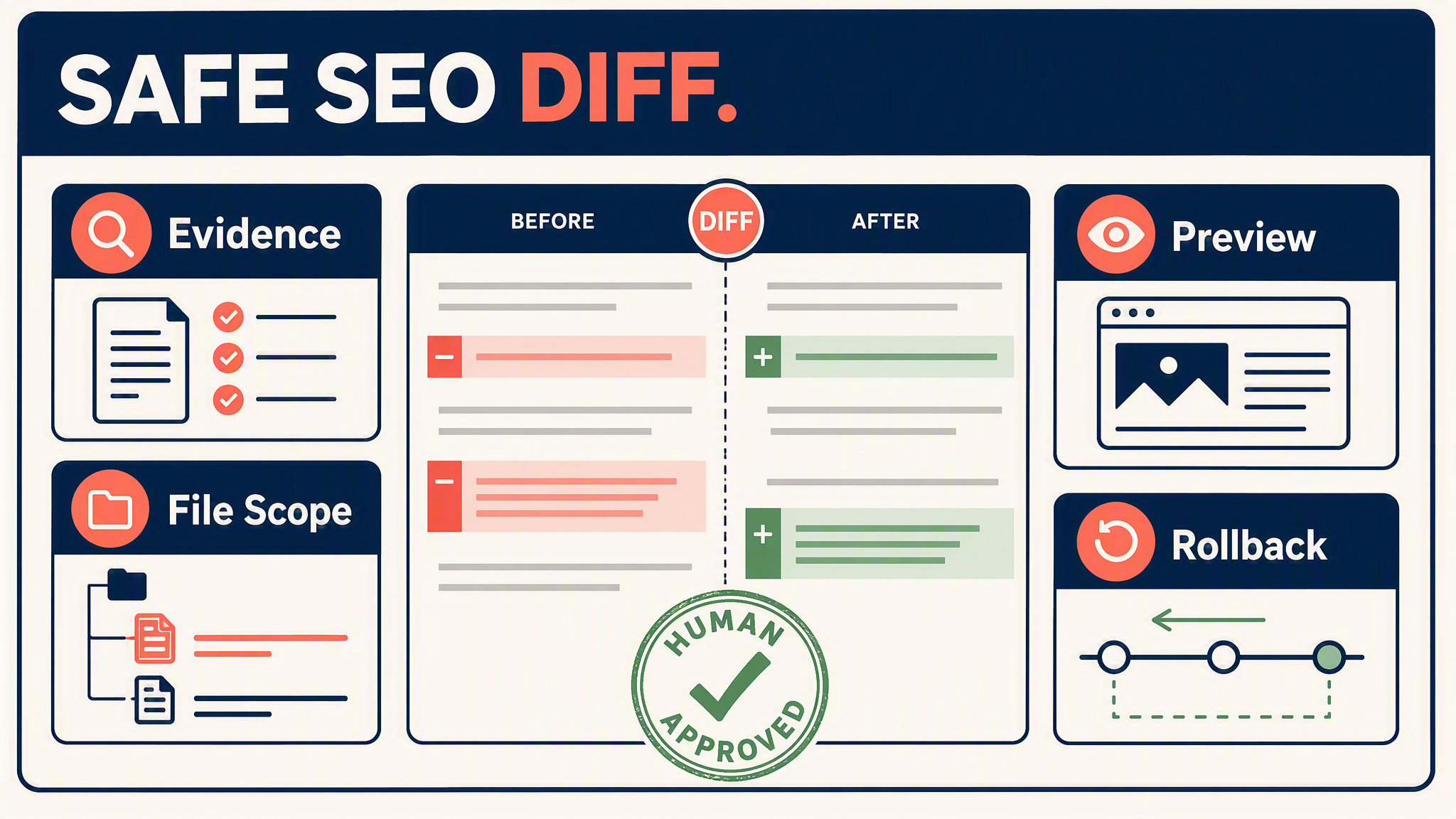 Content-diff review card showing evidence, allowed file scope, preview checks, and rollback conditions for a Claude Code SEO change.