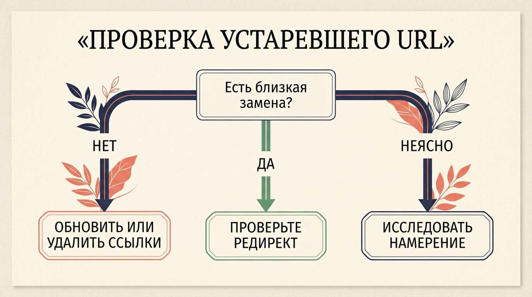 Карта решения для устаревшего URL: проверяйте редирект только при близкой замене, иначе обновите или удалите ссылки либо исследуйте намерение