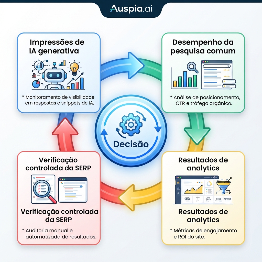 Ciclo de mensuração com quatro fontes combinando impressões de IA generativa, desempenho da pesquisa comum, resultados de analytics e verificações controladas da SERP