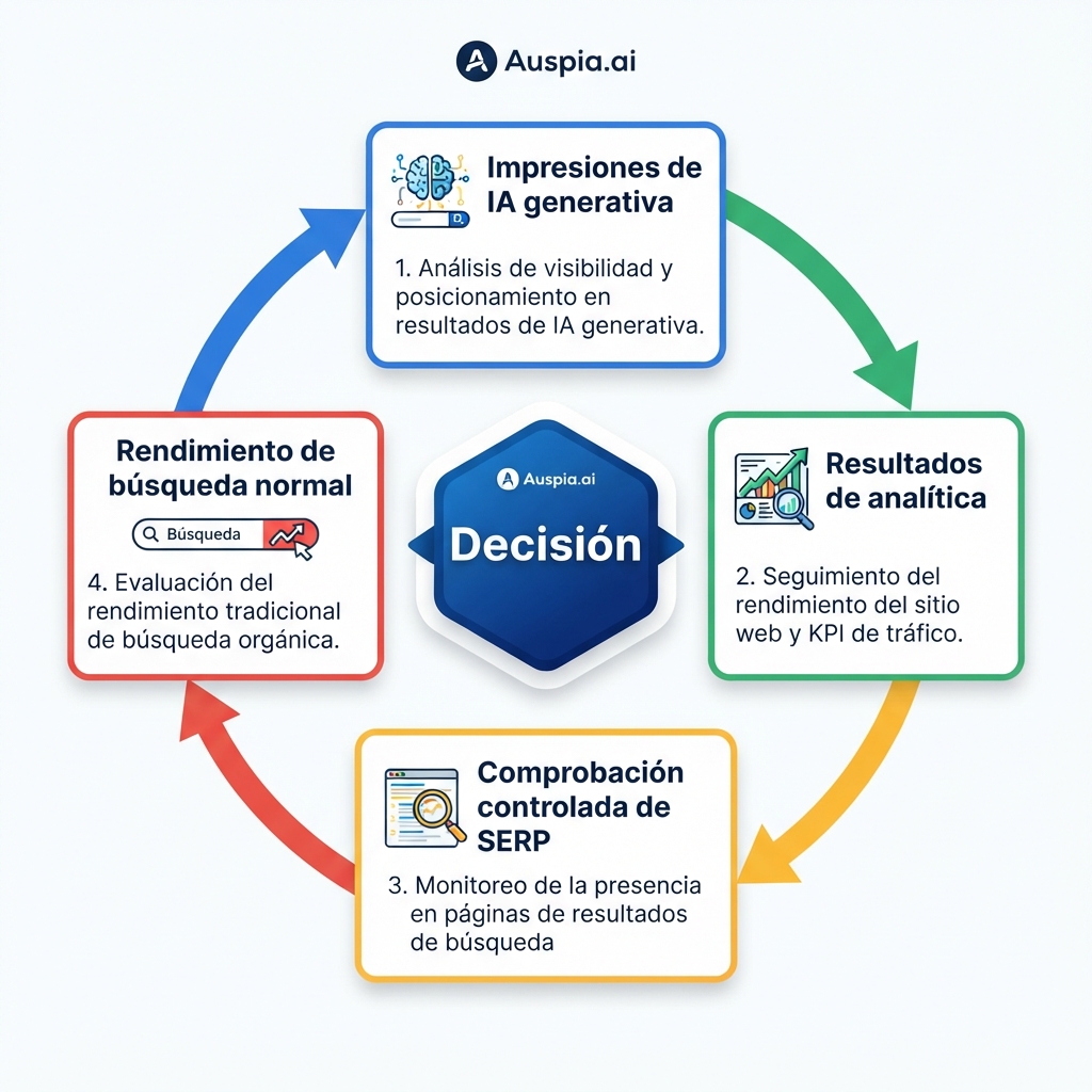 Ciclo de medición de cuatro fuentes que combina impresiones de IA generativa, rendimiento de búsqueda normal, resultados de analítica y comprobaciones controladas de SERP