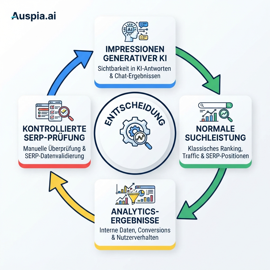 Messkreislauf aus vier Quellen mit Impressionen generativer KI, normaler Suchleistung, Analytics-Ergebnissen und kontrollierten SERP-Prüfungen