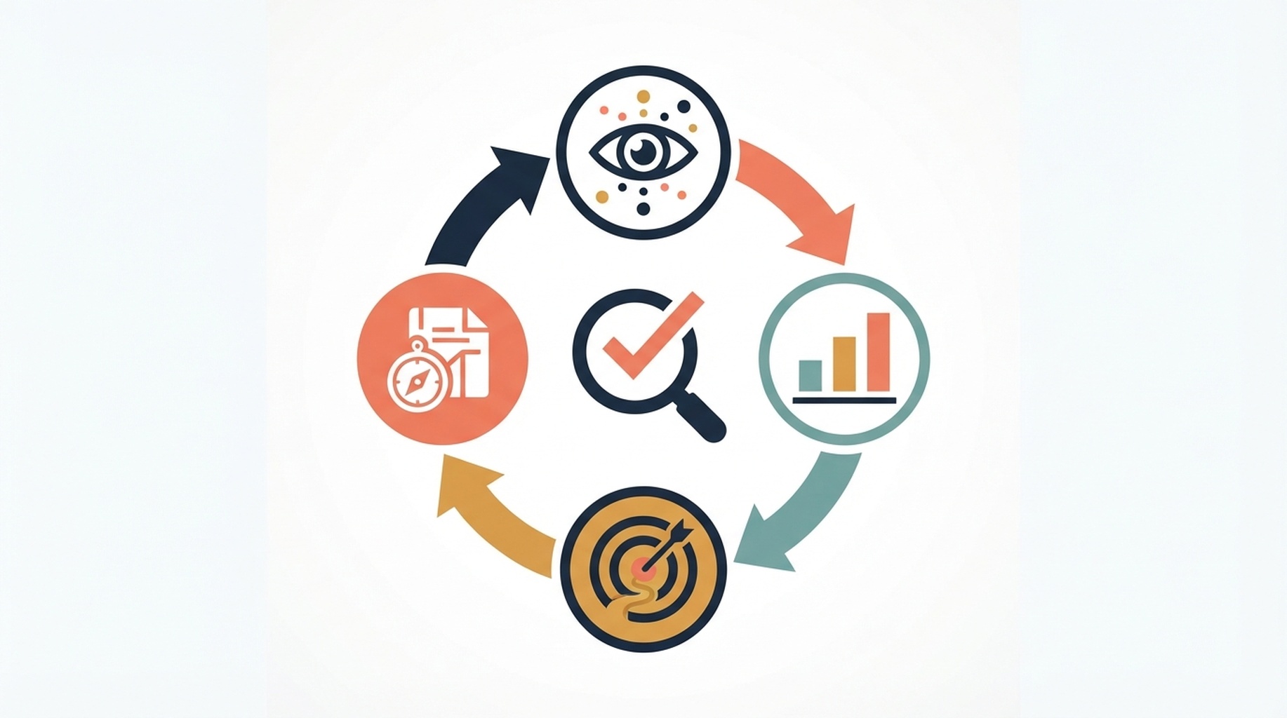 Abstract four-source measurement loop combining generative-AI impressions, Web performance, analytics outcomes, and controlled SERP checks