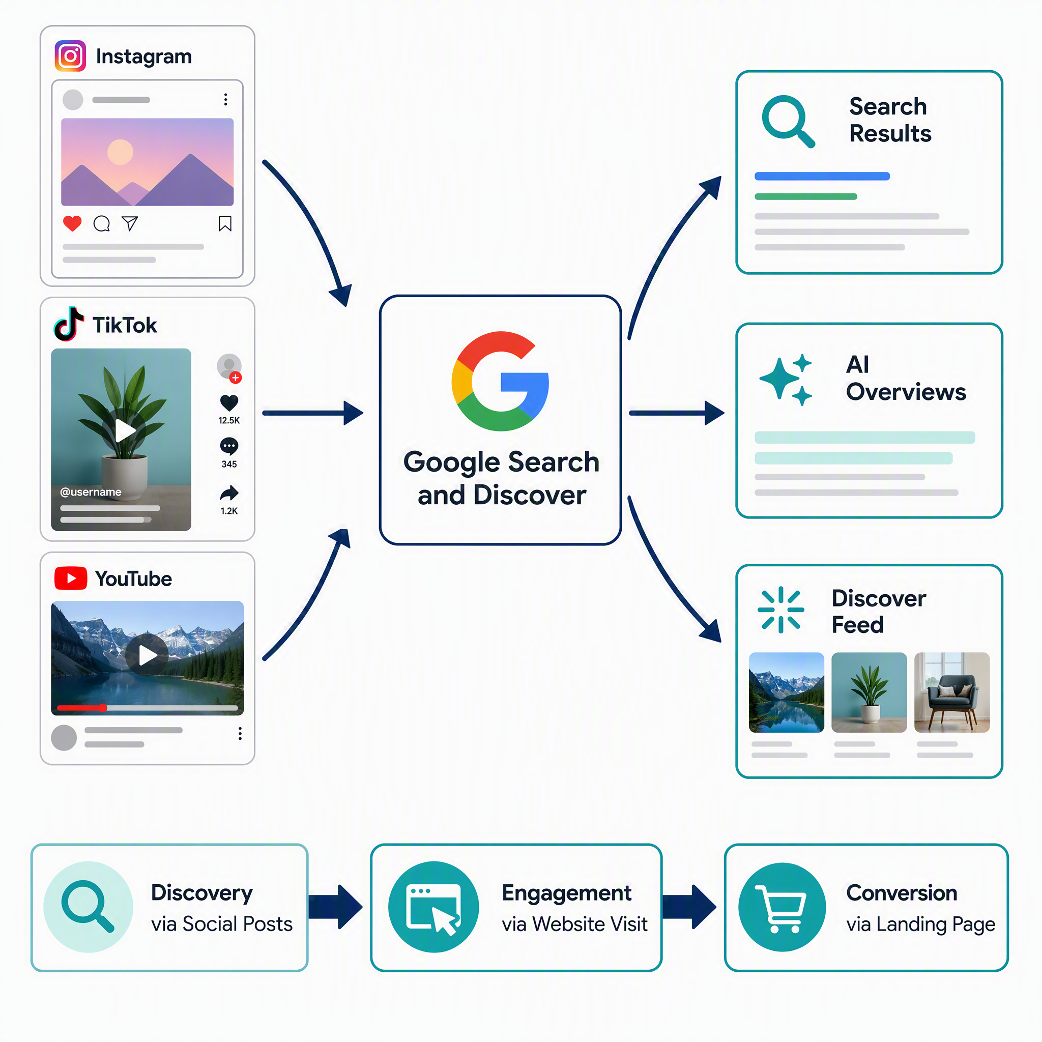 Diagramm, das zeigt, wie soziale Inhalte von Instagram, TikTok und YouTube in Google Search und Discover fließen, sich in Suchergebnisse, AI Overviews und Discover Feed verzweigen, mit einem Trichter von Entdeckung zu Engagement zu Conversion
